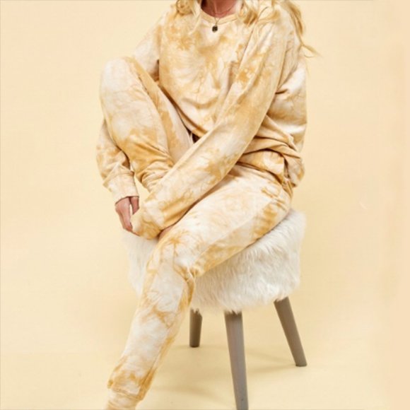 Endless Blu Tops - Yellow Cotton Distressed Tie Dye Jogger Set